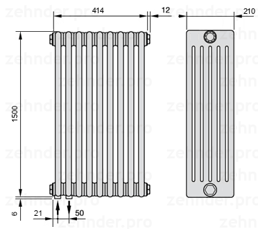 Схема (чертеж) Радиатор Zehnder Charleston 6150/9 №3370 Белый глянцевый RAL 9016